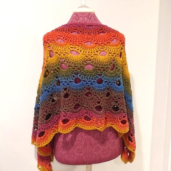 Hand Crocheted Virus Shawl in Fall Rainbow Colors M/L - Picture 5 of 5